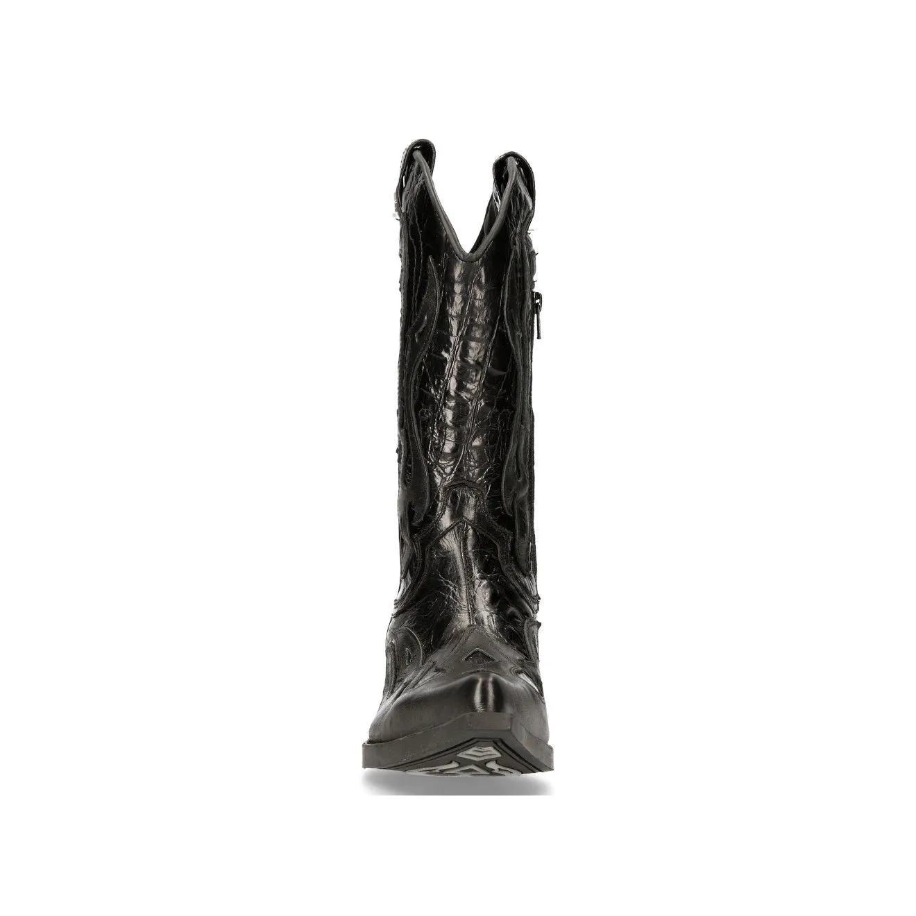 New Rock Flame Accented Black Leather Biker Cowboy Boots- M-7921-S1