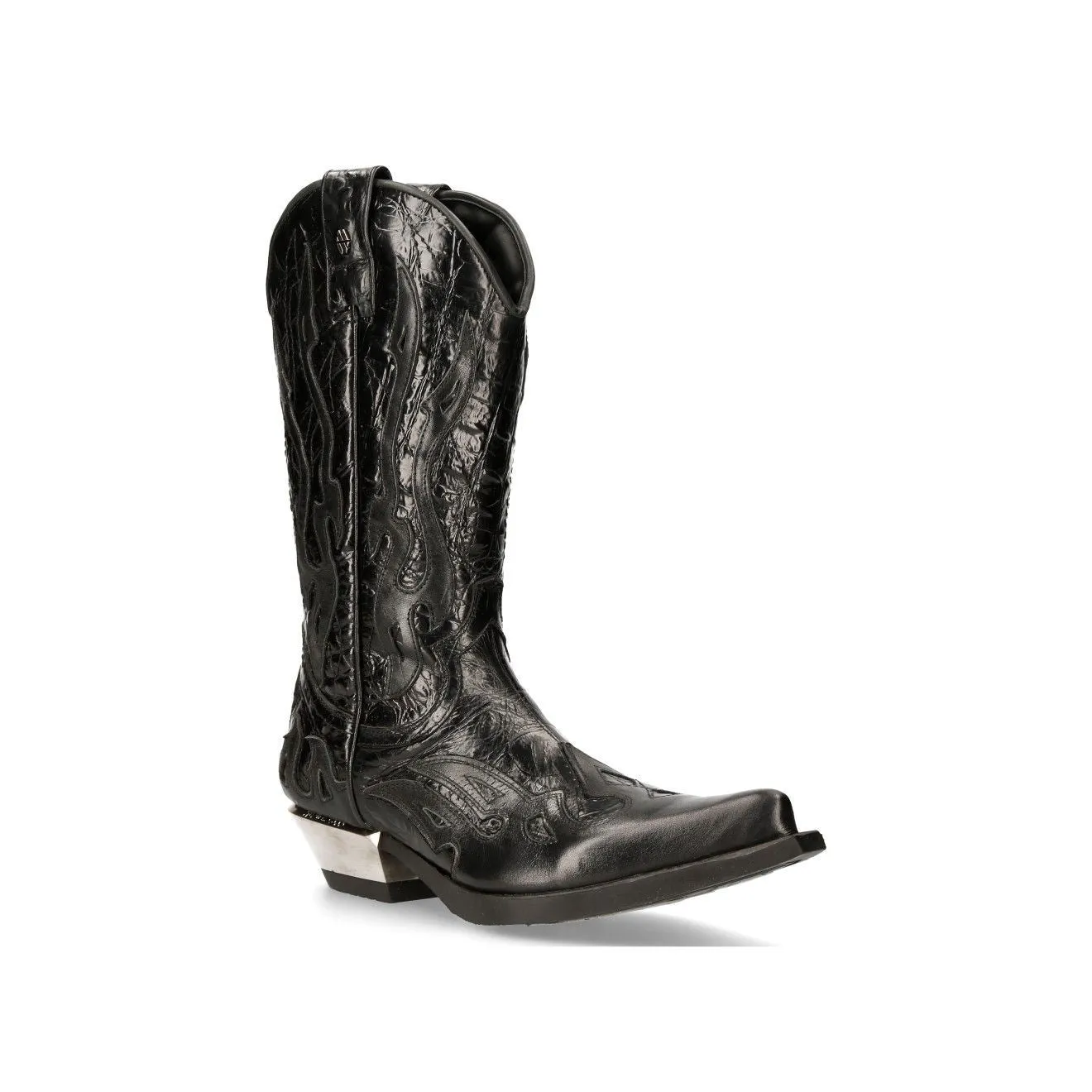New Rock Flame Accented Black Leather Biker Cowboy Boots- M-7921-S1