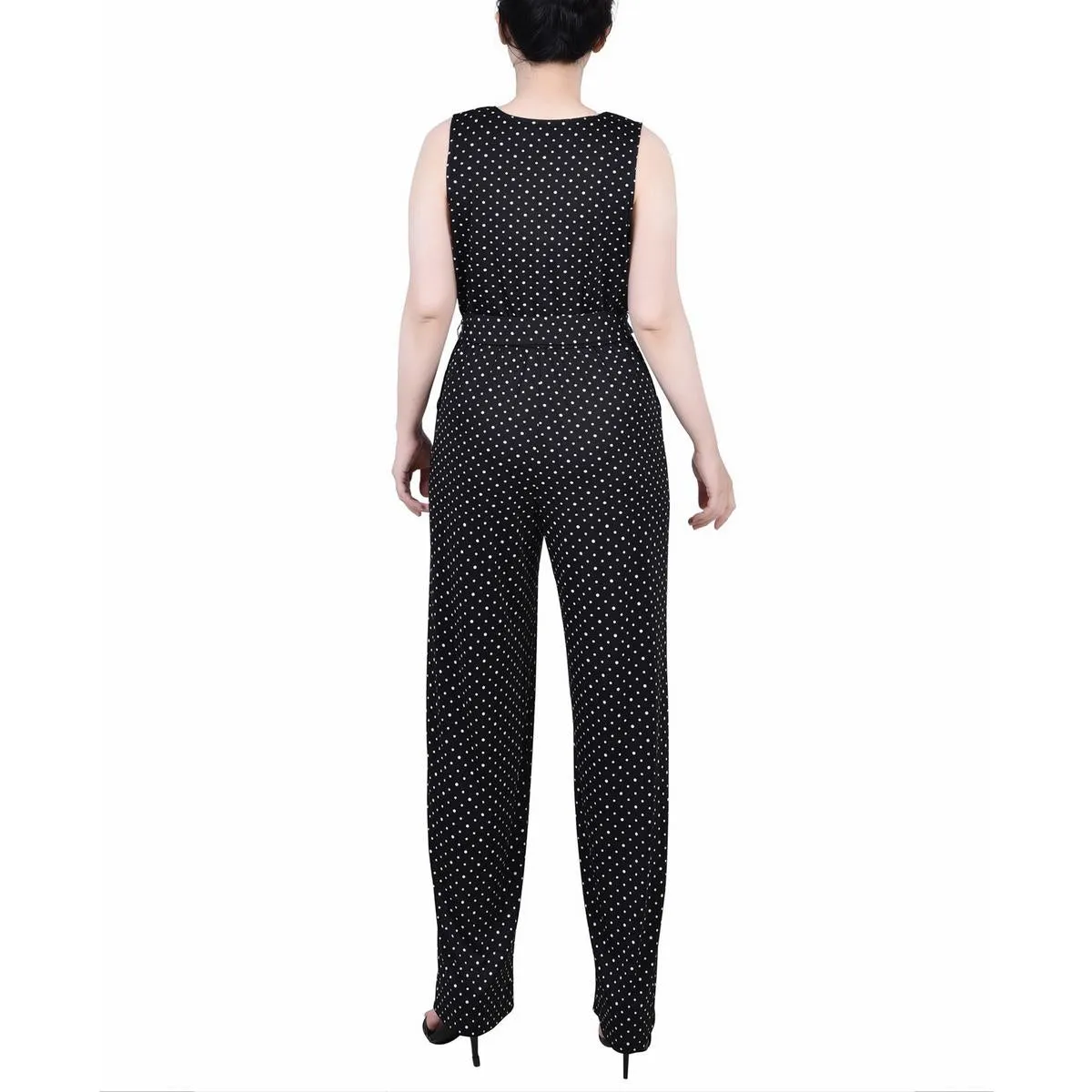 Petites Womens Knit Polka Dot Jumpsuit