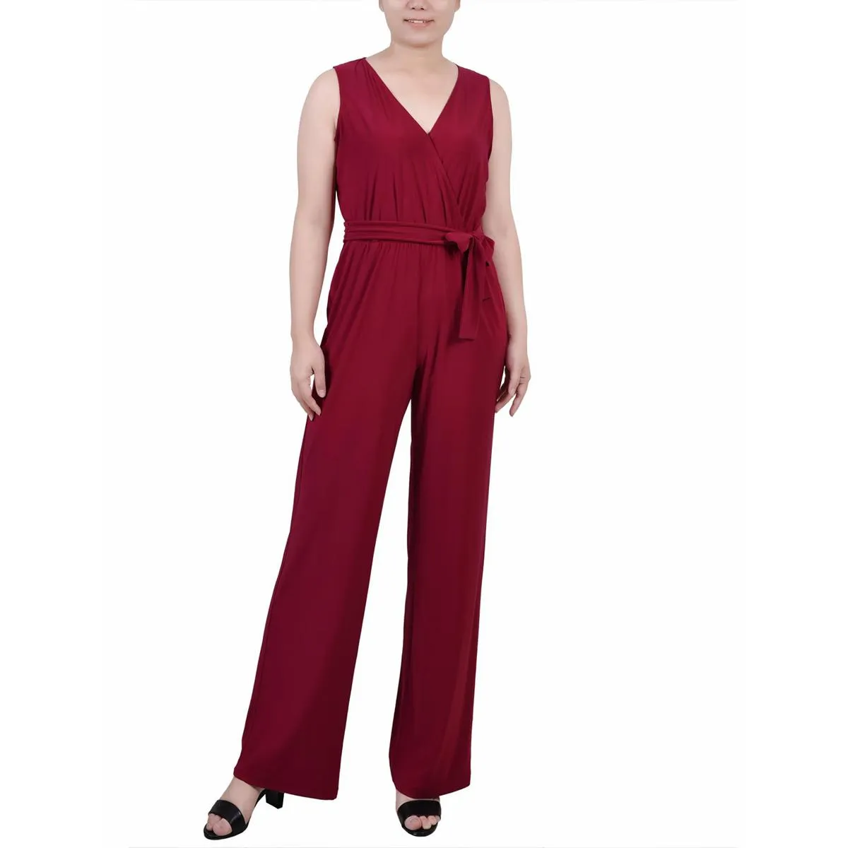Petites Womens Knit Polka Dot Jumpsuit