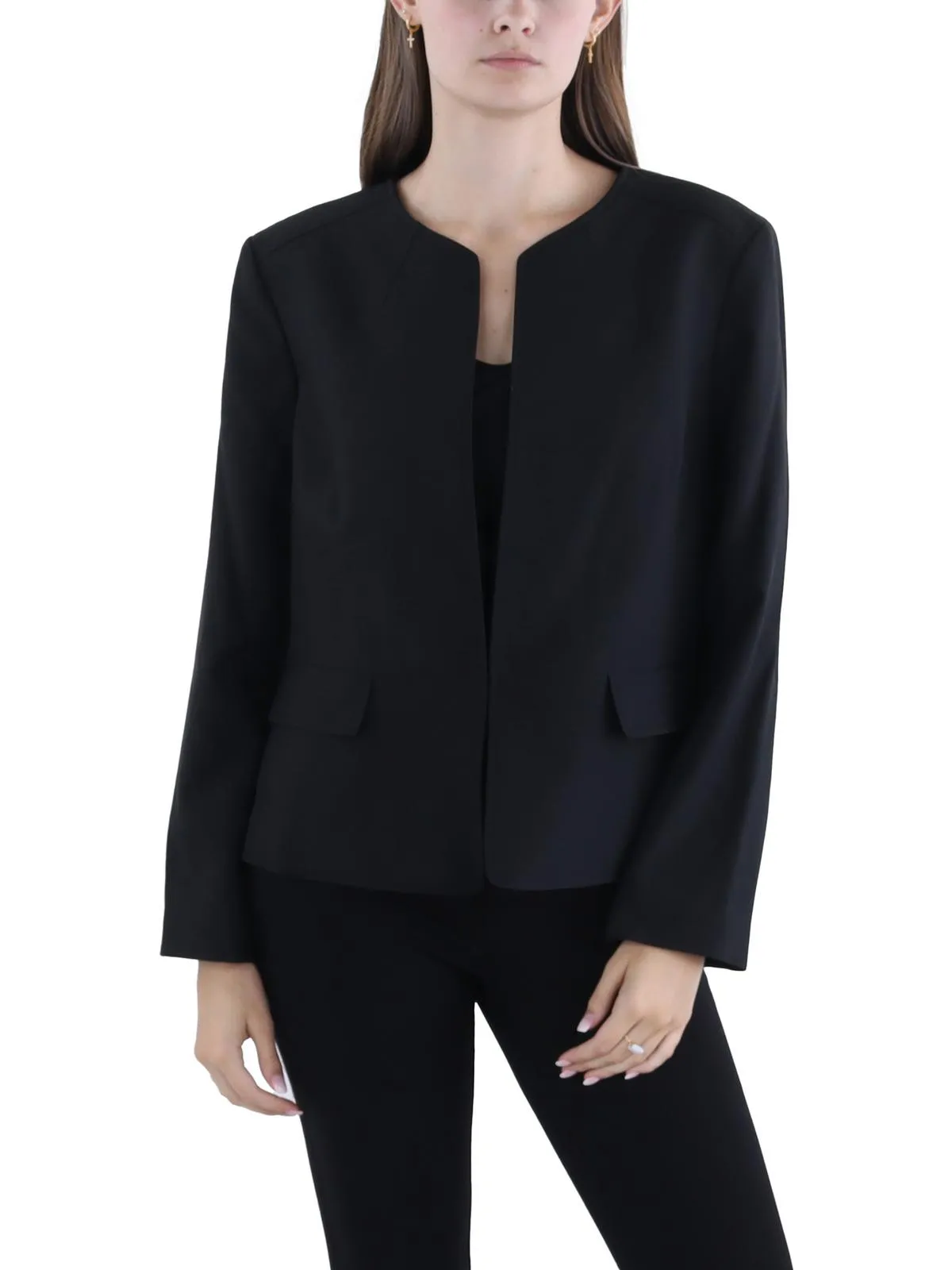 Petites Womens Solid Polyester Open-Front Blazer