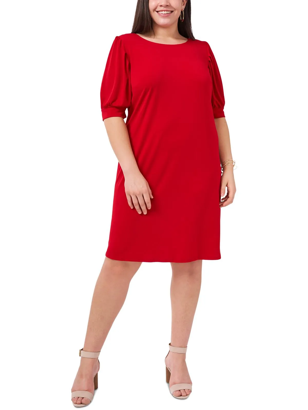 Plus Womens Puff Sleeve Knee-Length Sheath Dress