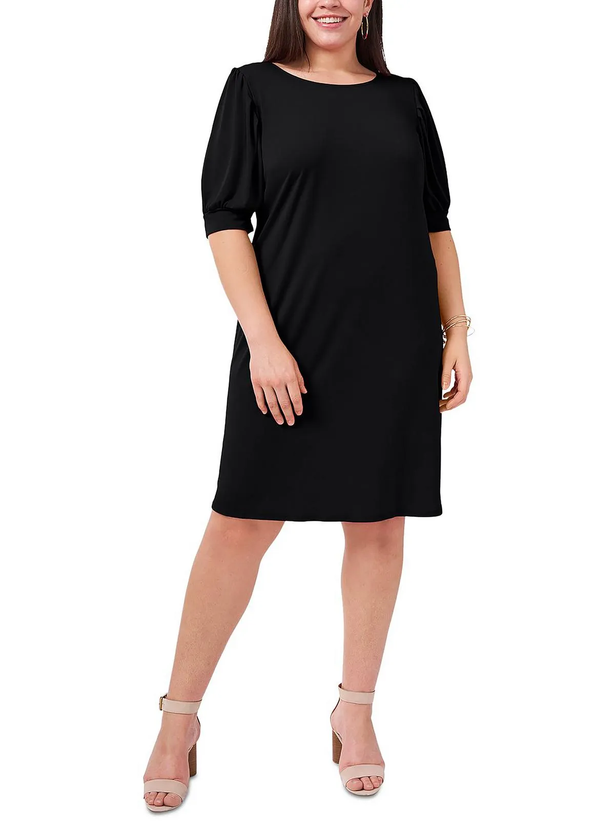Plus Womens Puff Sleeve Knee-Length Sheath Dress