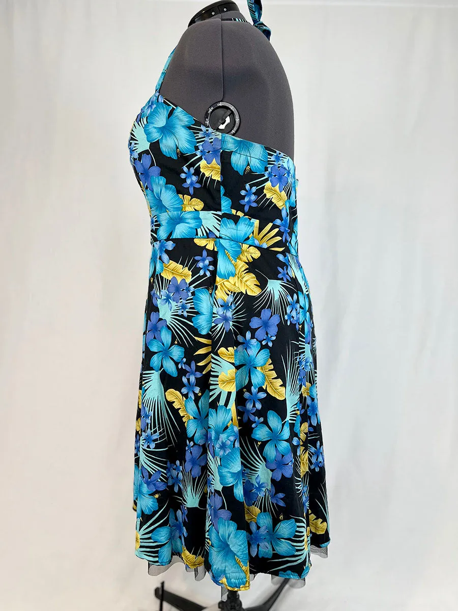 Retro Chic by Torrid Size 24W Black & Teal Tropical Floral Halter Dress