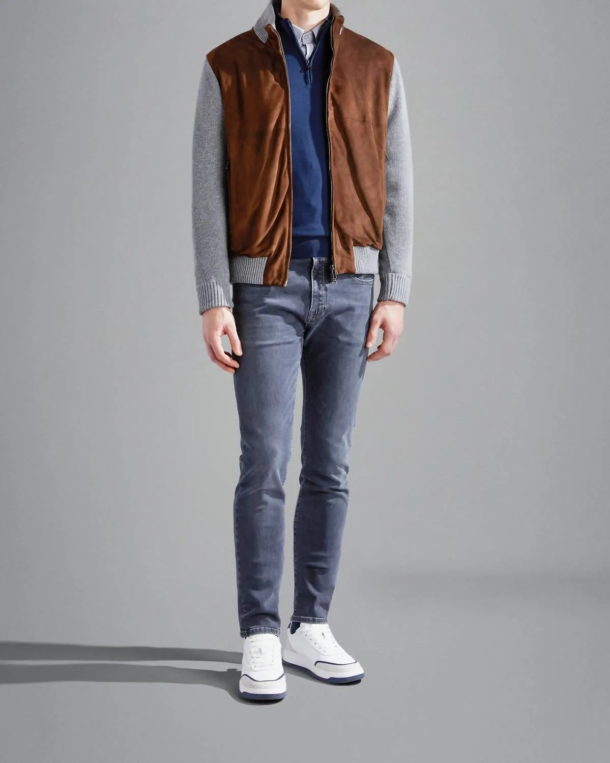 Riviera Re-Wool Full Zip Sweater With Aqualeather Body In Brown/grey