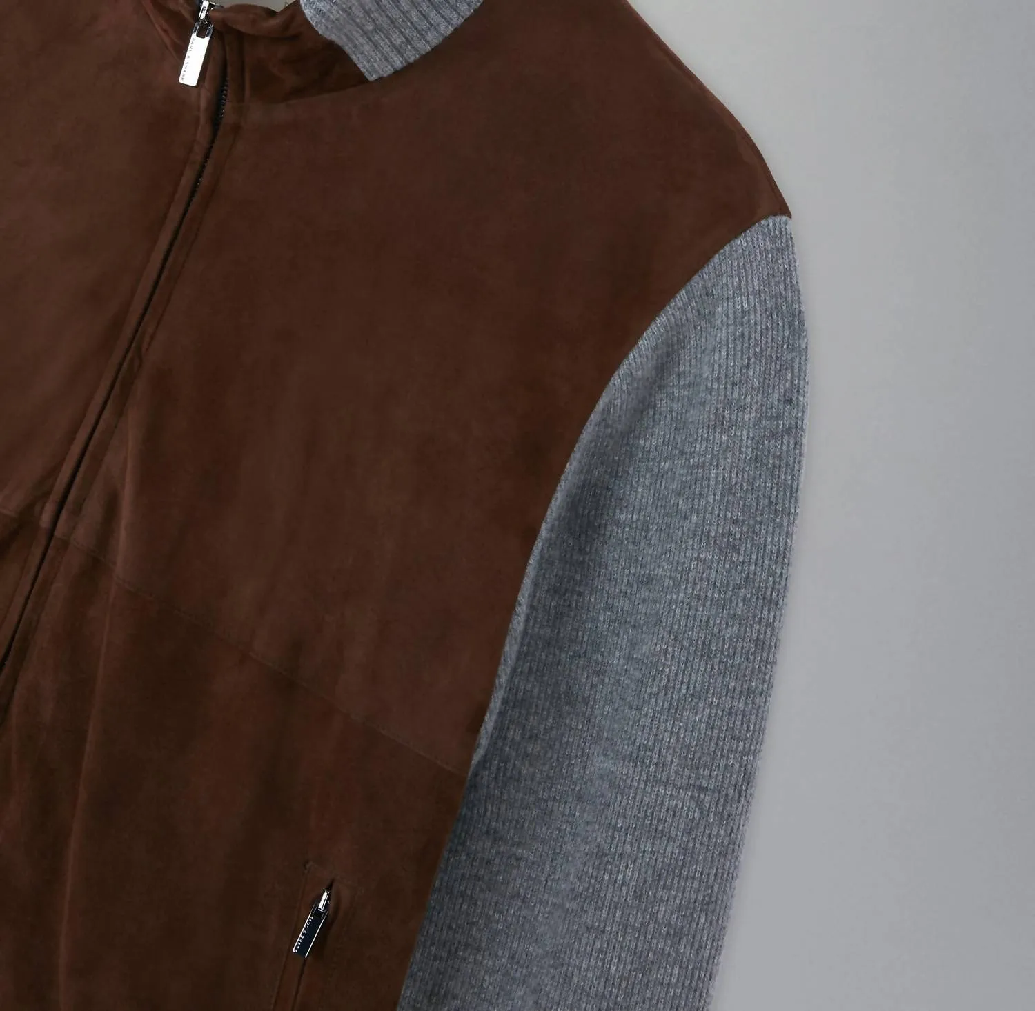Riviera Re-Wool Full Zip Sweater With Aqualeather Body In Brown/grey