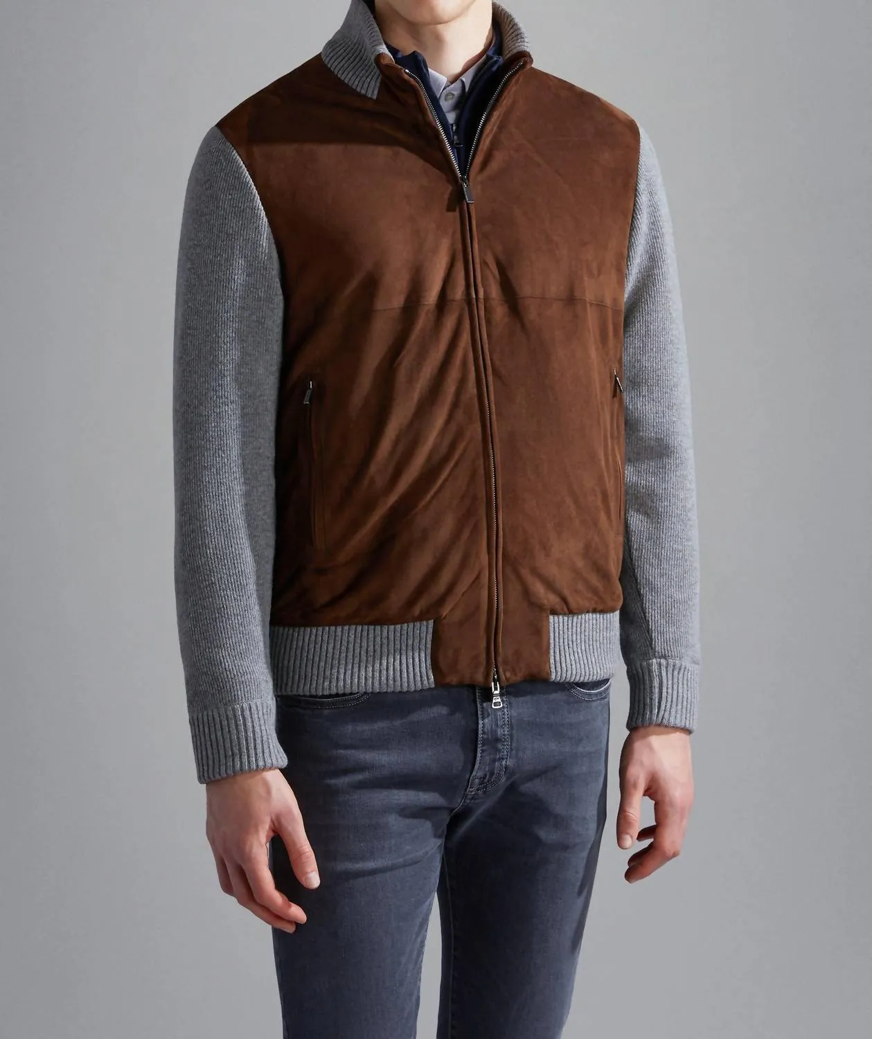 Riviera Re-Wool Full Zip Sweater With Aqualeather Body In Brown/grey