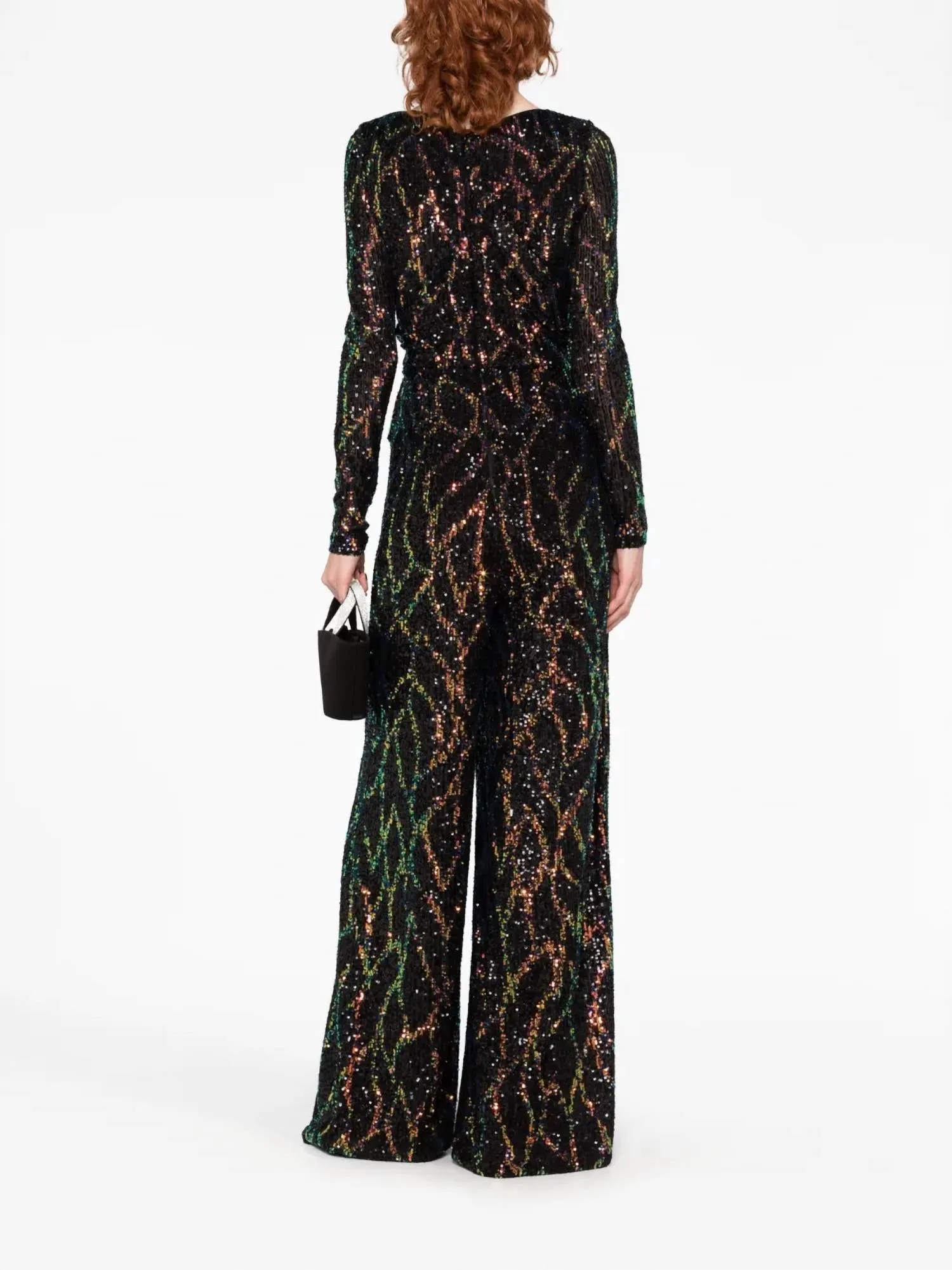 Sequin V-Neck Long Sleeve Jumpsuit In Black