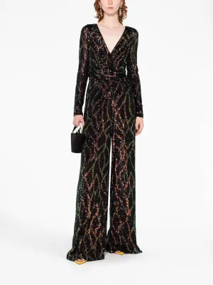 Sequin V-Neck Long Sleeve Jumpsuit In Black