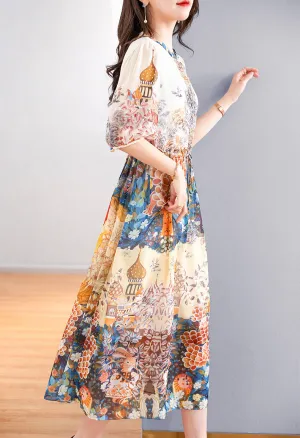 Short sleeve beautiful print bohemian midi dress women