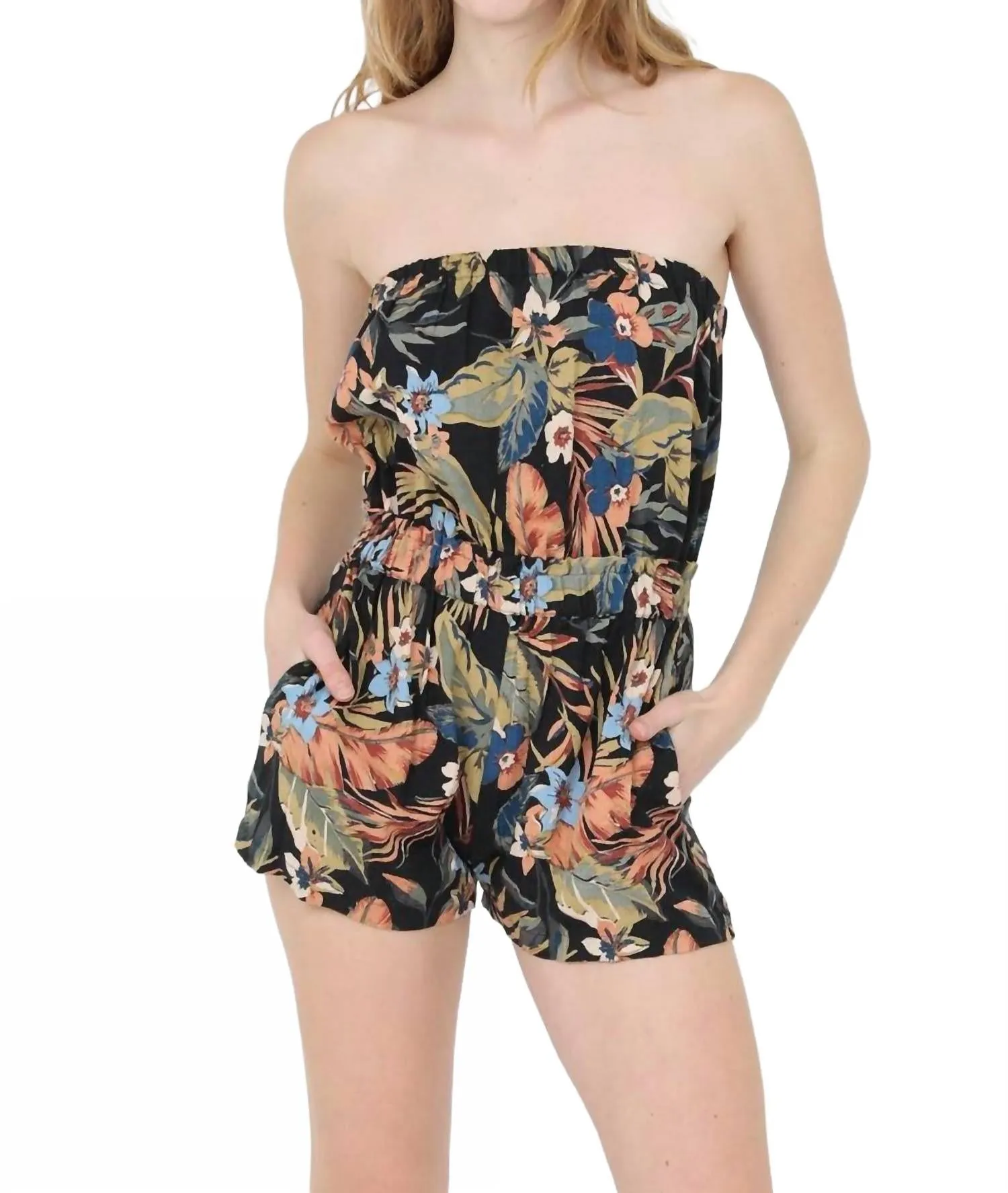 Strapless Tropical Print Romper With Pockets In Multi