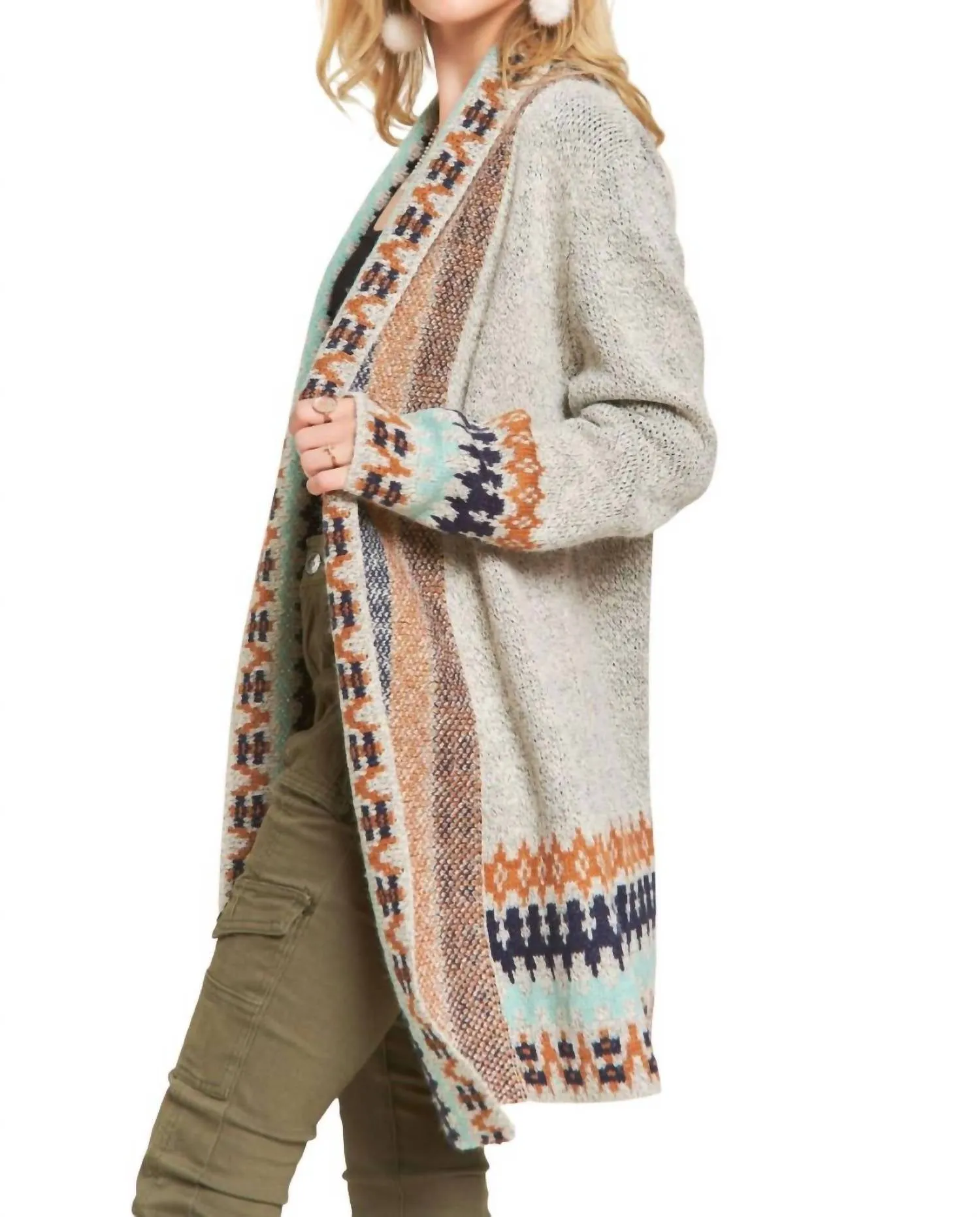 Tribal Border Cardigan In Grey