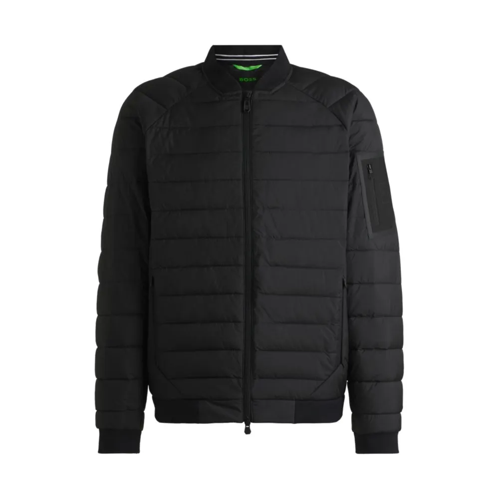 Water-repellent jacket with branded sleeve pocket