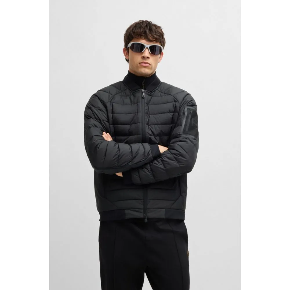 Water-repellent jacket with branded sleeve pocket