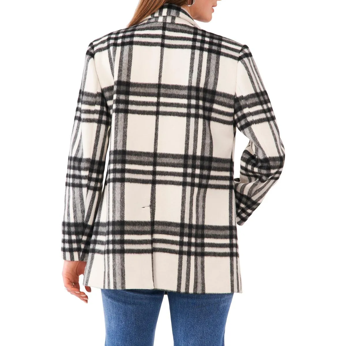Womens Plaid Notch Collar Double-Breasted Blazer