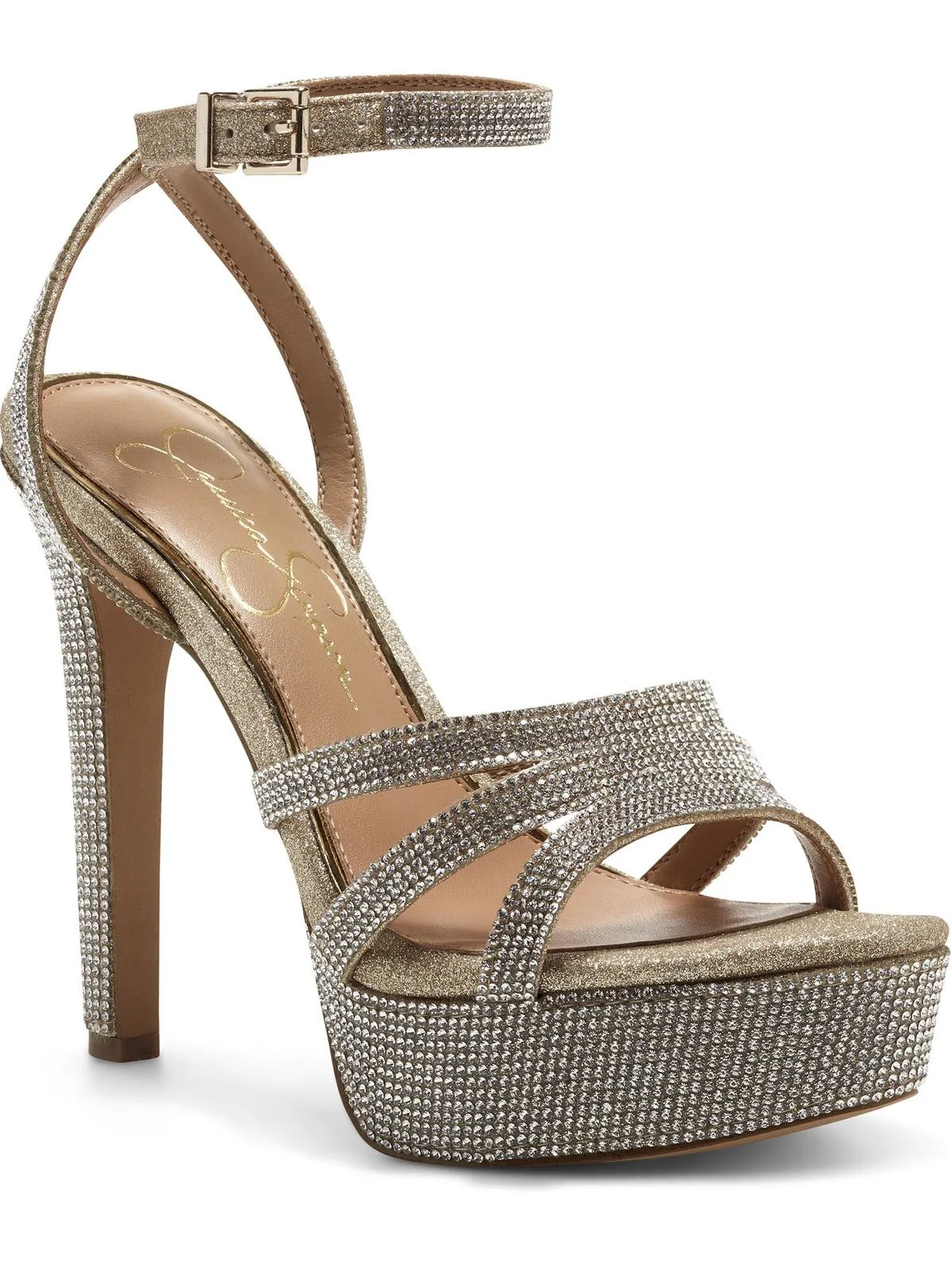 Womens Rhinestone Ankle Strap Platform Heels