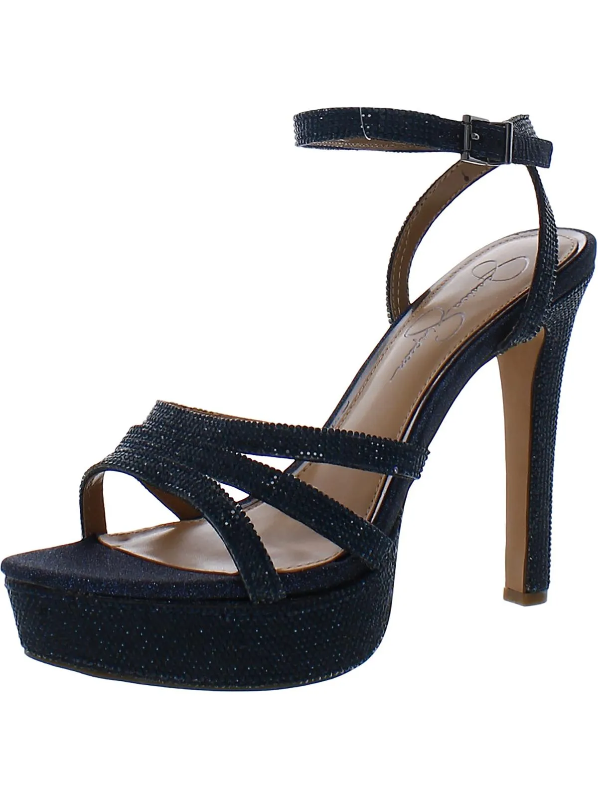 Womens Rhinestone Ankle Strap Platform Heels