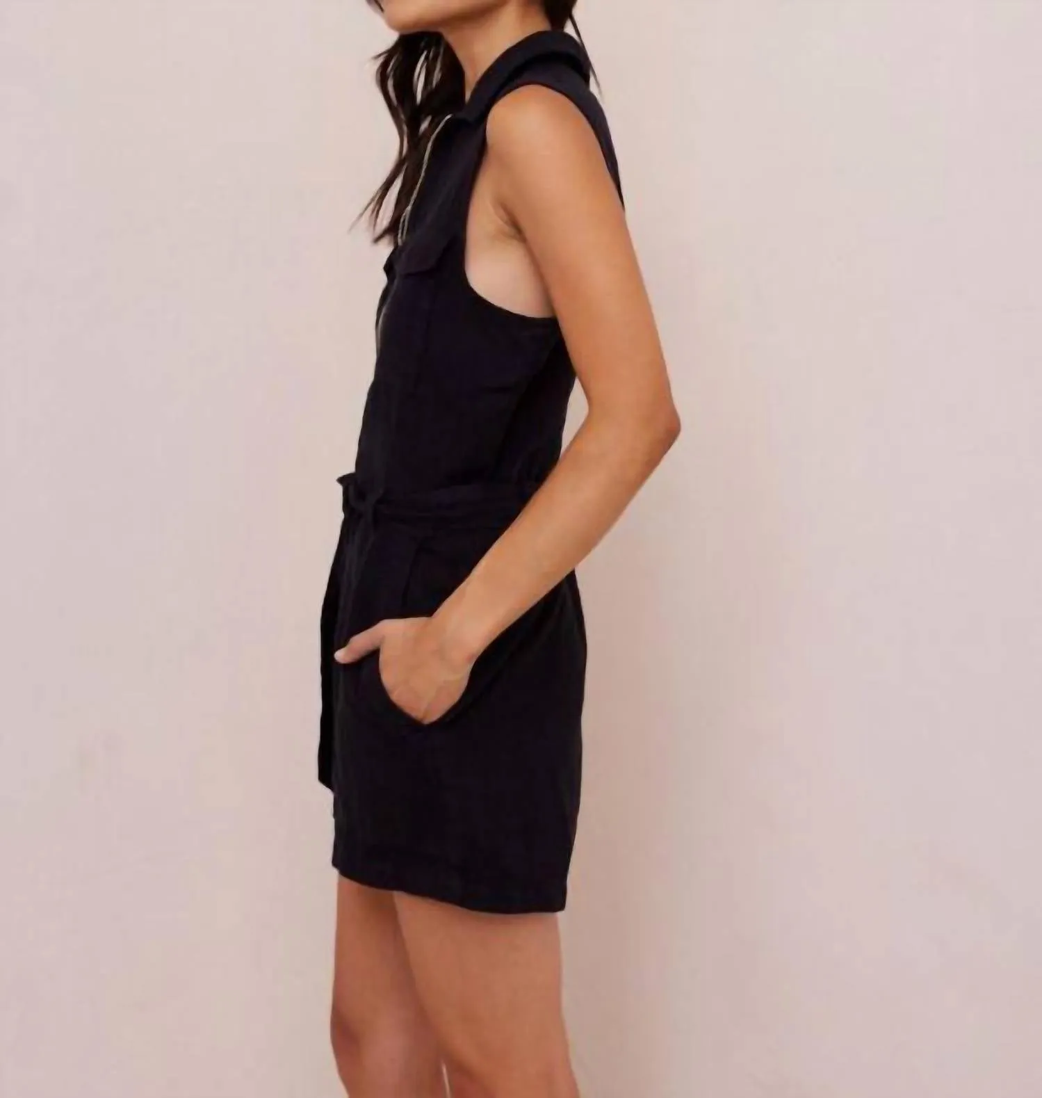 Zip Front Linen Romper In Black
