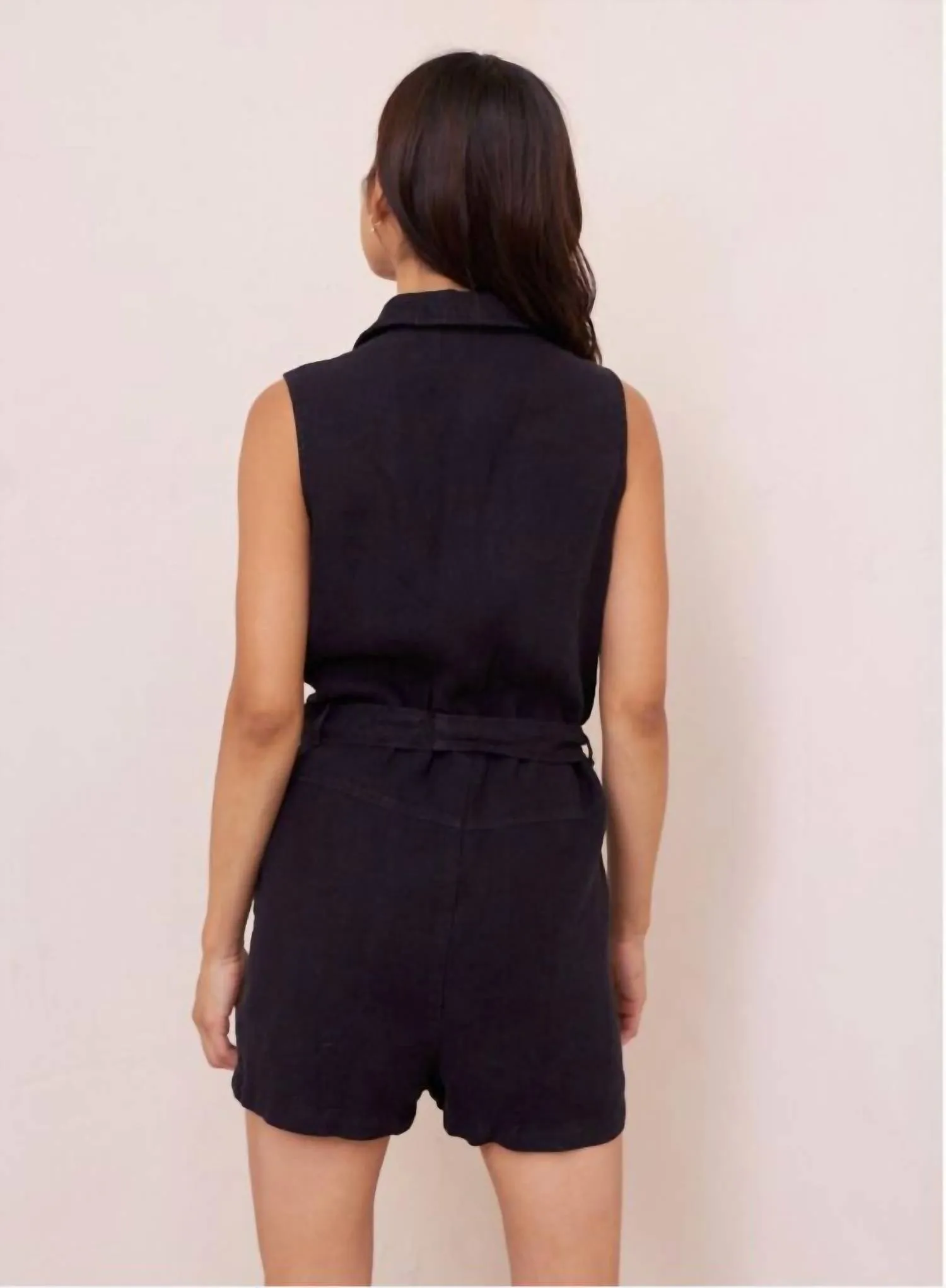 Zip Front Linen Romper In Black